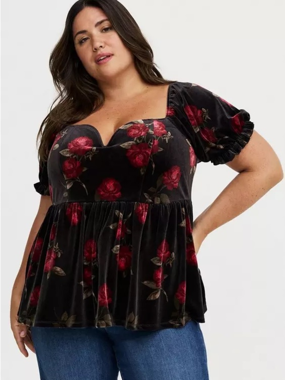 Torrid Romantic Coquette Whimsigoth Witchy Velour VWire Puff Sleeve Babydoll Top